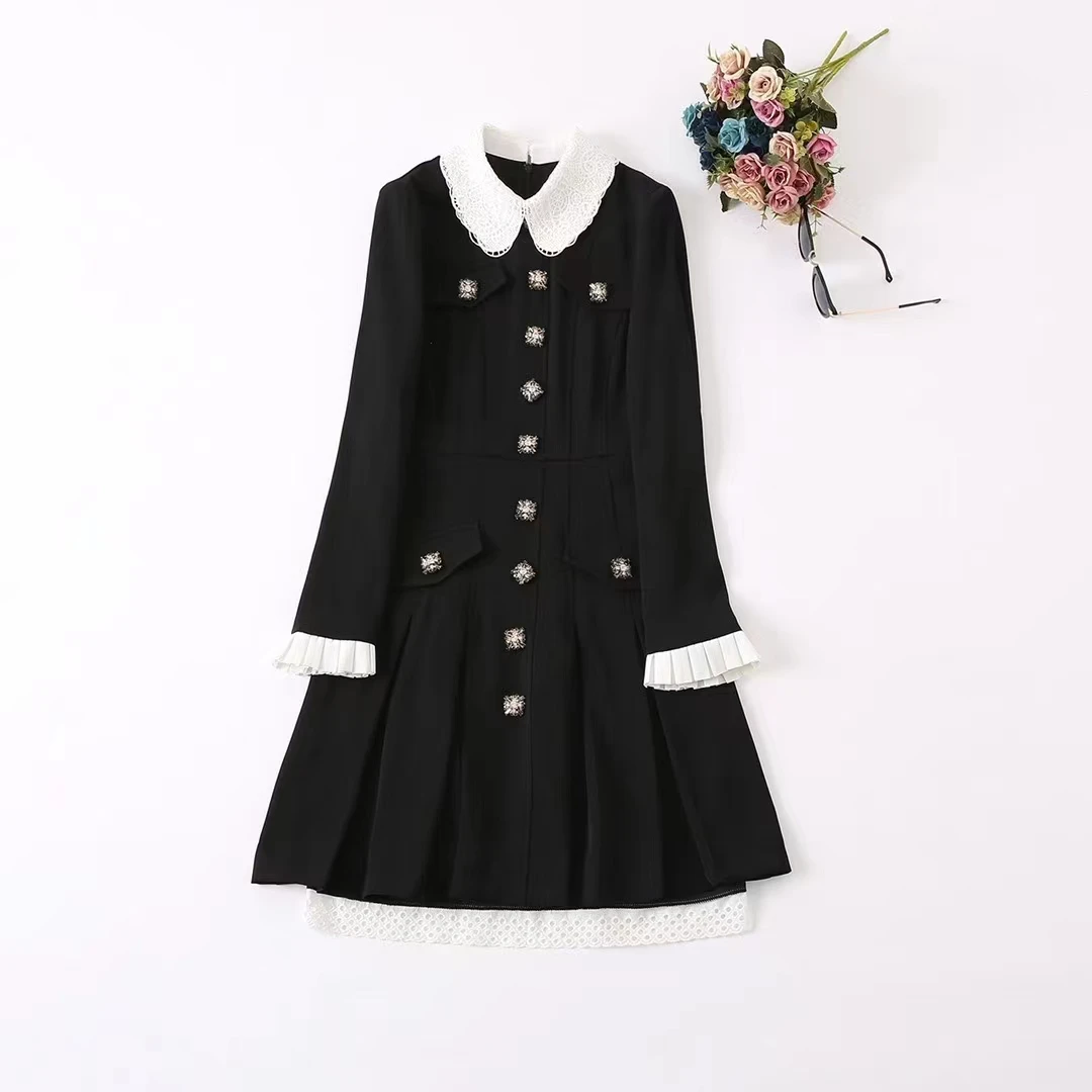 European and American women's wear autumn 2022 new styles Long sleeve embroidered lapel Fashion beaded button black dress