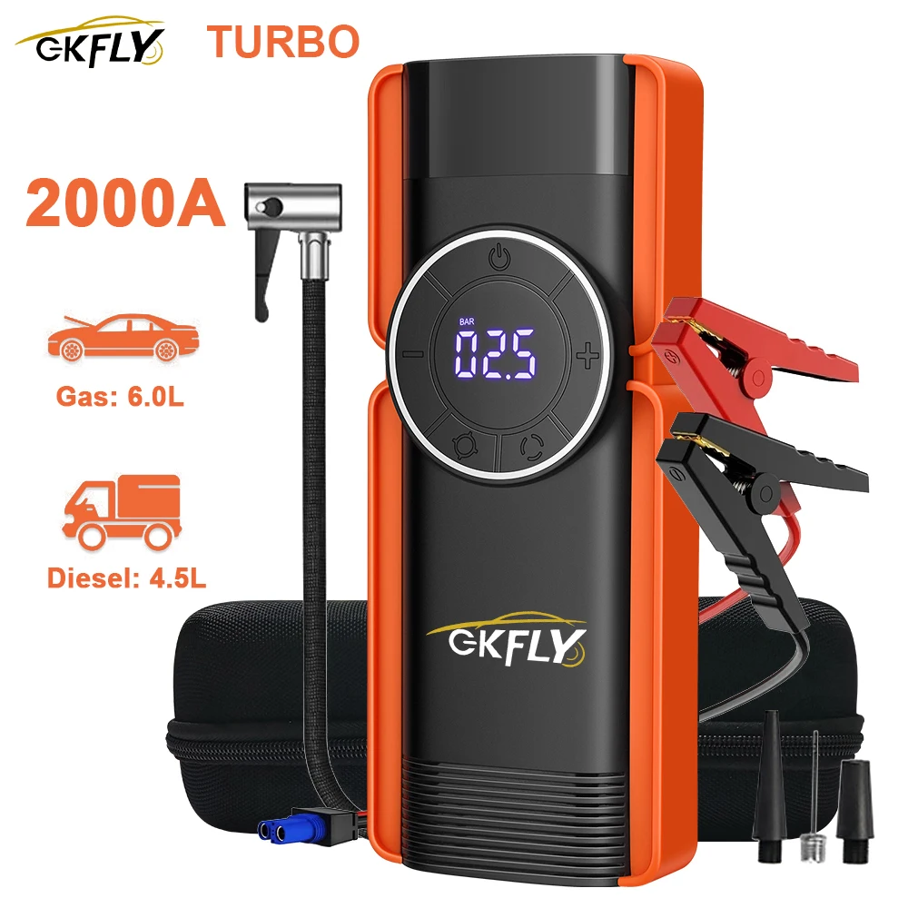 

GKFLY Jump Starter 4 в 1, насос, воздушный компрессор, 2000 А, внешний аккумулятор, 12 В, цифровой насос для накачивания шин, 150 фунтов на квадратный дюйм, усилитель аварийной батареи