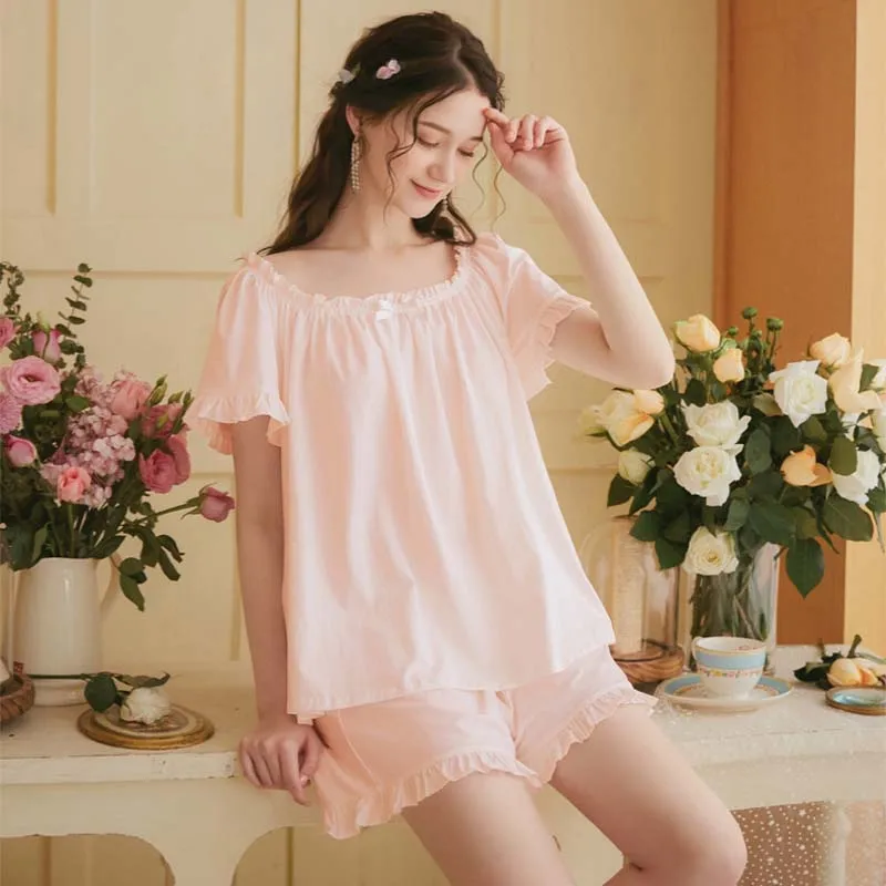 Roseheart Sexy Women White Pink Blue Sleep Nightwear Suits Night Bow Pajama Sets Sleepwear 2 Pieces Backless Shorts Homewear