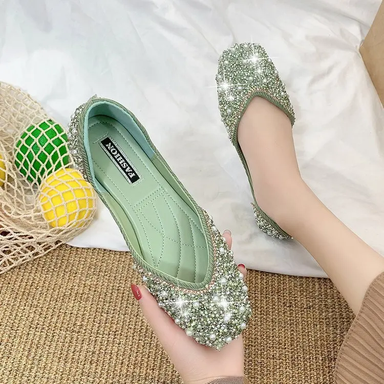 

Glitter crystal pearl studs ballet shoes women square toe slip on loafers cozy shallow cut-out ballerina flats moccasins female