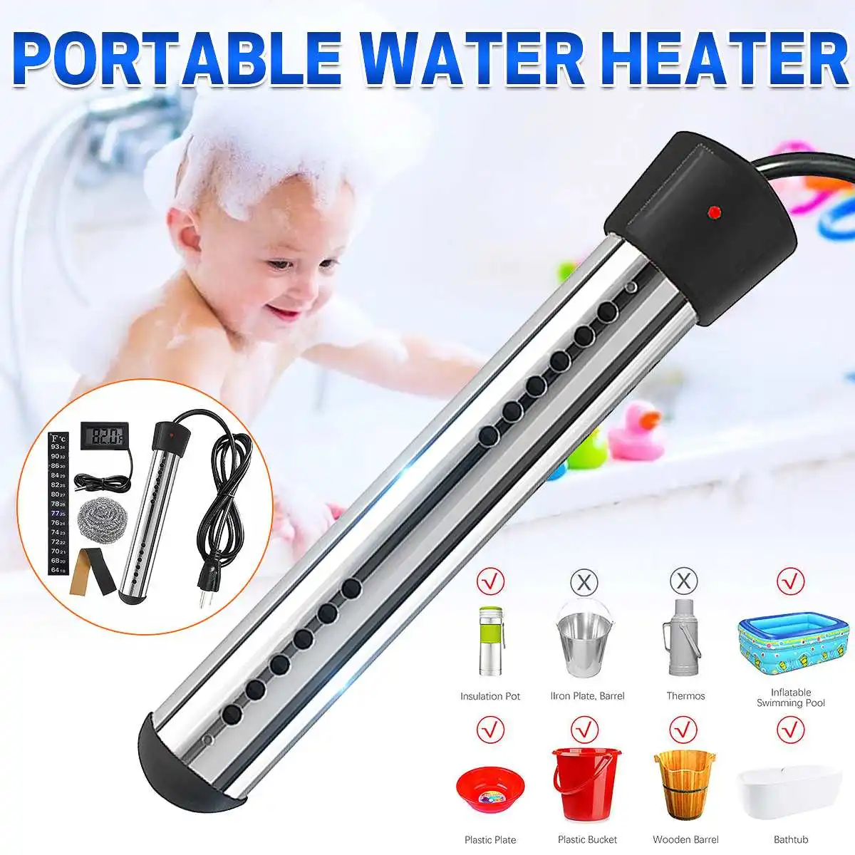 

Electric Water Heater Boiler 1500W 120V Portable Immersion Heater with Digital Thermometer for Inflatable Pool Bathtub Heating