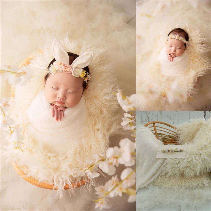 Newborn Baby Photography Props Rattan Cribs Floral Rabbit Headband Knitted Wrap Wool Blanket Vintage Backdrop Studio Photo Props