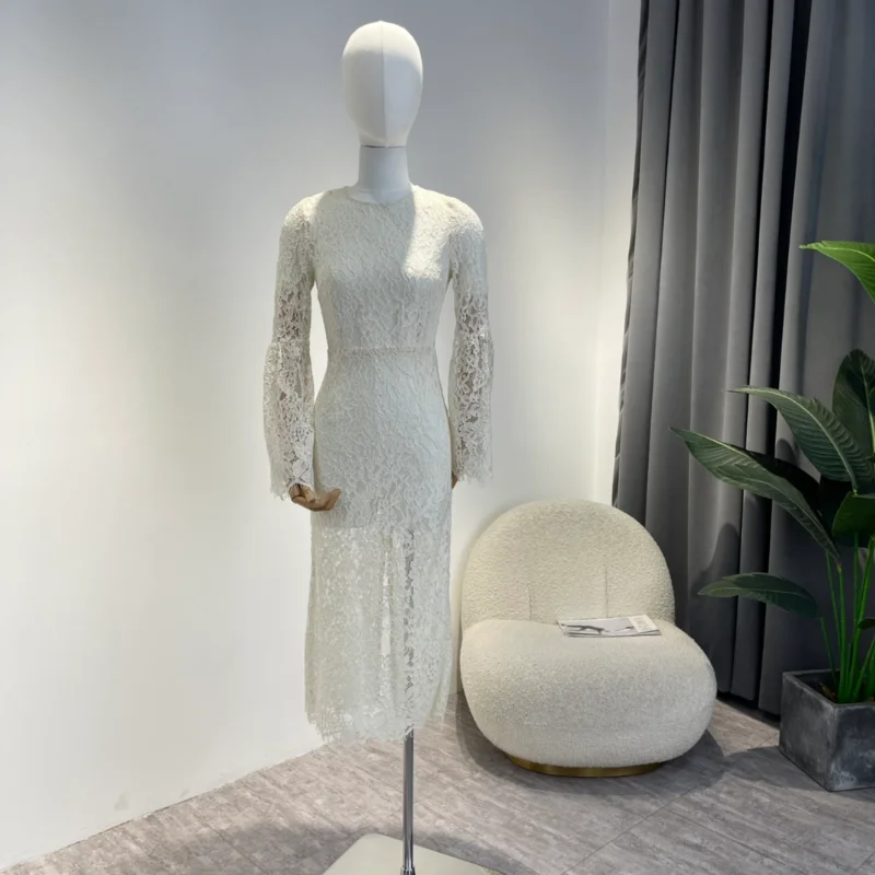 

Flare Sleeve Slim Midi Dresses for Women Latest 2022 Autumn Top Quality Elegant Beige Hook Flower Hollow Clothing