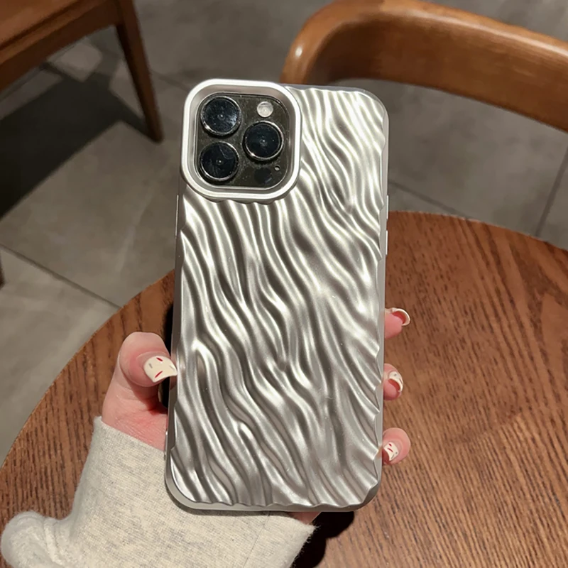 

3D Silver Wavy Line Shockproof Phone Case For iPhone 14 13 12 11 Pro Max Luxury Soft Back Cover Capa