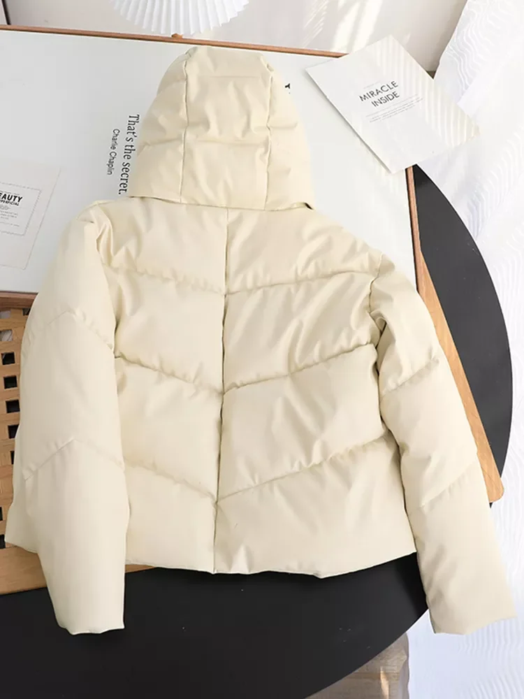 New2022 Loose PU Leather Parkas Women Fashion Hooded Faux Leather Coats Women Elegant Solid Zipper Cotton Jackets Female Ladies