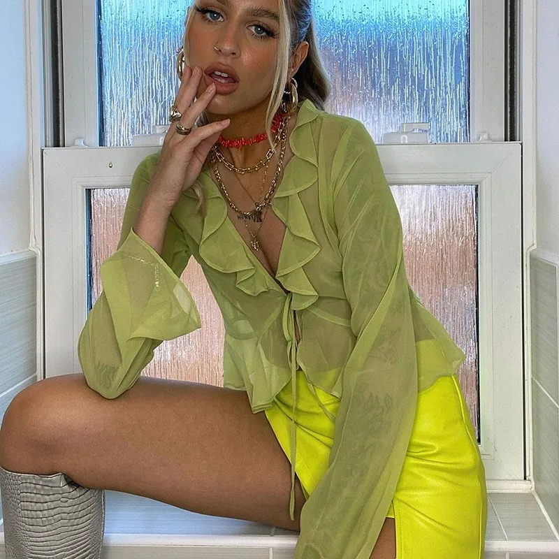 

Ruffle Mesh See Through Lace-up Deep V-neck Long Sleeve Women Crop Top 2023 Summer Chiffon Shirts Y2K Fashion Party Outwear