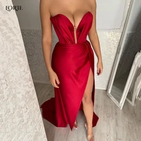 lorie red evening dresses low cut off shoulder side slit dubai prom gowns arabia mermaid satin mono 2022 celebrity bride dress