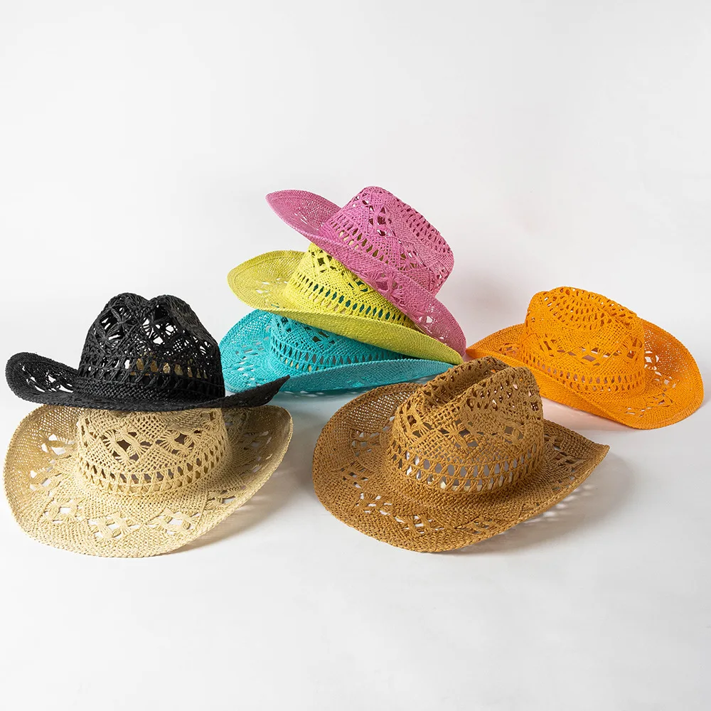 

King Wheat 2023 Summer Hollow Out Papyrus Wide Eaves Cowboy Top Women Sun Hats Travel Outdoor Casual Sunshade Beach Straw Hat
