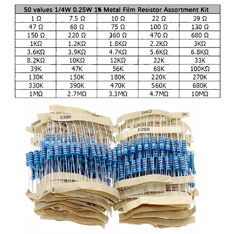 

500pcs 50Values 1/4W Resistors Set Metal Film Resistor Assortment Kit 1ohm -10M ohm Resistor 10R,100R,1K,2K,10K,100K,1M