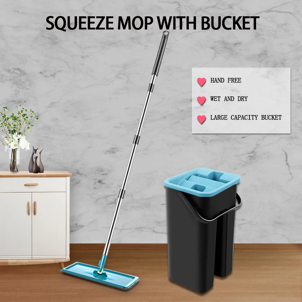 

Squeeze Floor Mop with Spin Bucket Hand Free Cleaning Too for Kitchen and Home Flat Supplies Utensils Microfiber Black Comfort