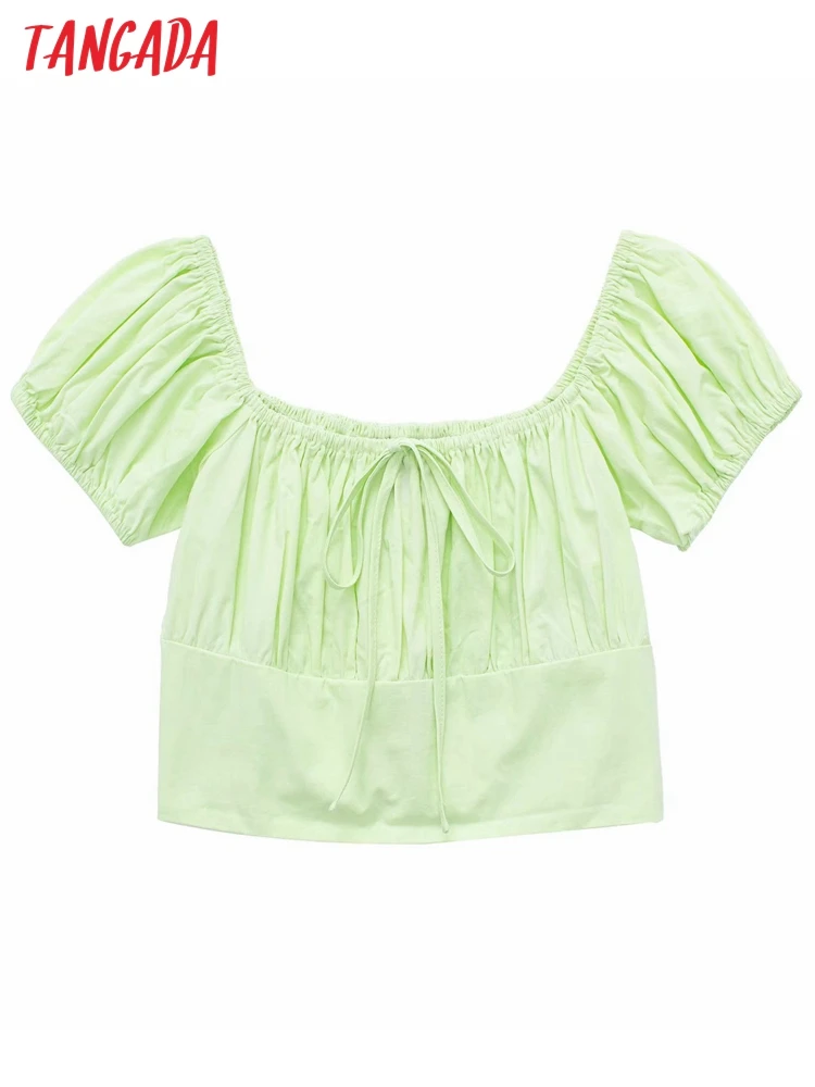 

Женская укороченная рубашка из хлопка и льна с оборками и открытыми плечами