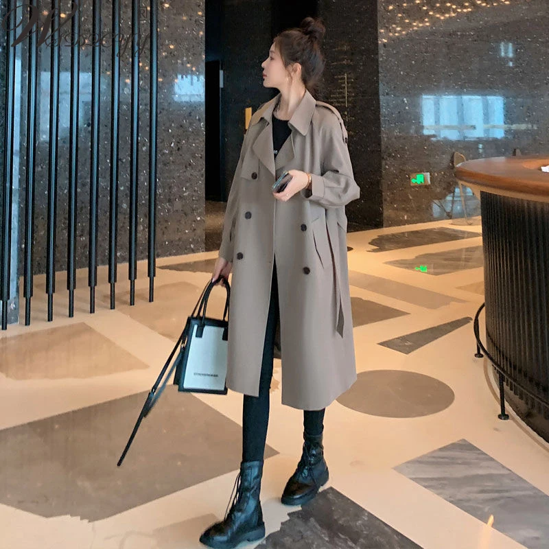 

Vintage Trench Coat Women Autumn Winter Double Breasted Windbreaker With Belt French Style Turn Down Long Sleeve Outwear Loose