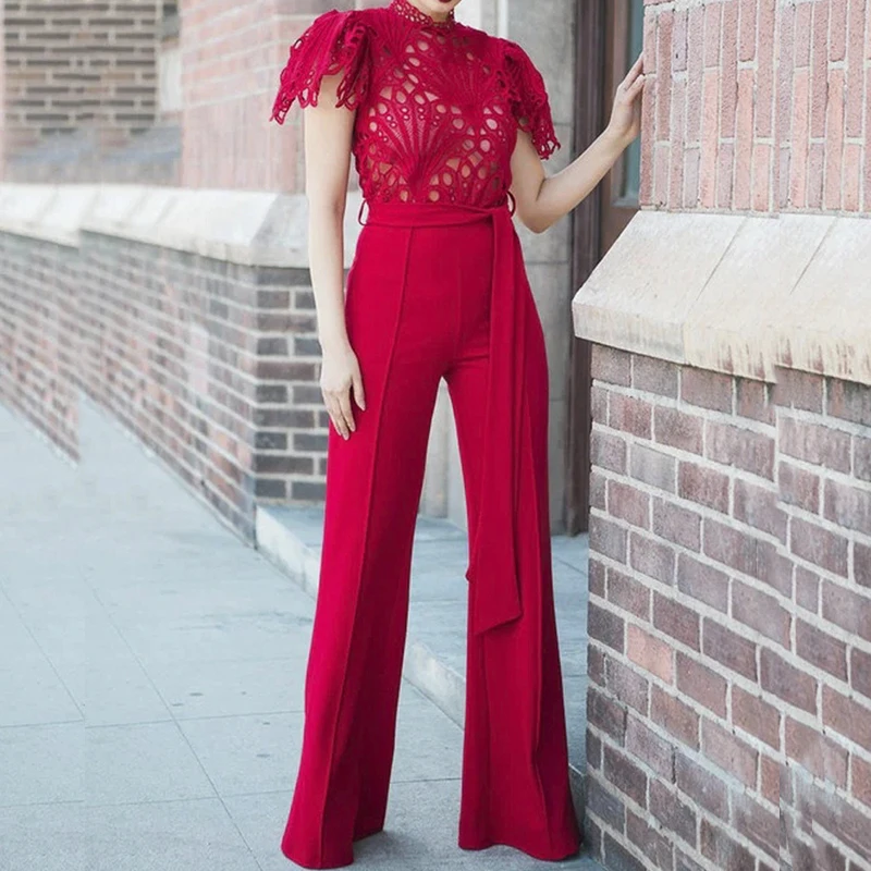 Women Feifei Sleeves Stand Collar Embroidered Hollow Top + Lace Up High Waist Wide Leg Pants Suit Elegant Solid Slim 2 Piece Set