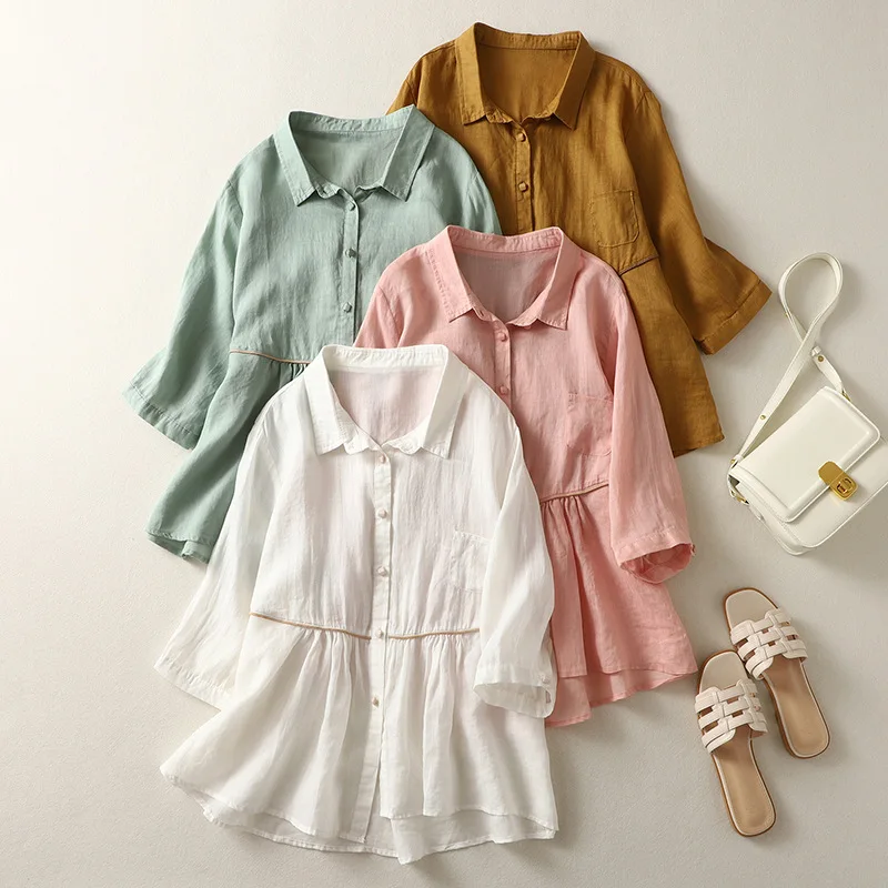 

Fashion Cotton and Linen Shirt Women Loose and Slimretro Loose Doll Shirt Tops Waistline 2023 Design New Women Blouse Tops