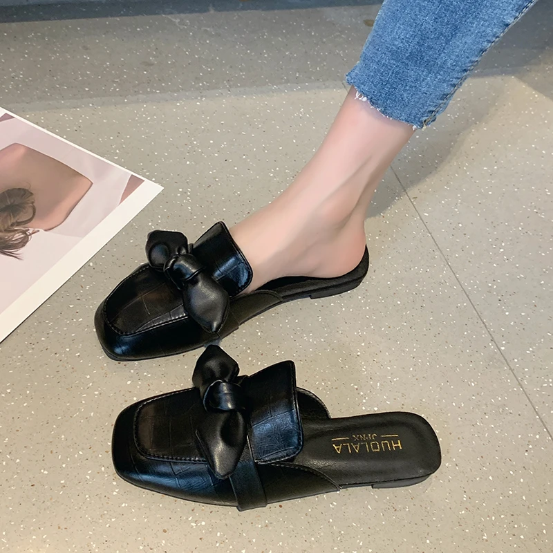 

Shoes Woman 2022 Slippers Casual Low Butterfly-Knot Cover Toe Shallow Pantofle Female Mule Luxury Flat New Mules Butterfly-knot