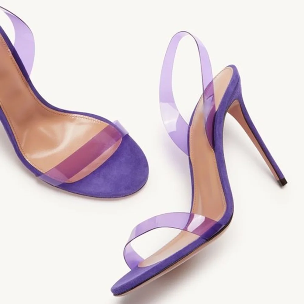 

Purple Clear PVC Slingback Sandal Transparent Suede Patchwork Runway Shoes Open toe Thin Heel Candy Color Solid Banquet Shoes