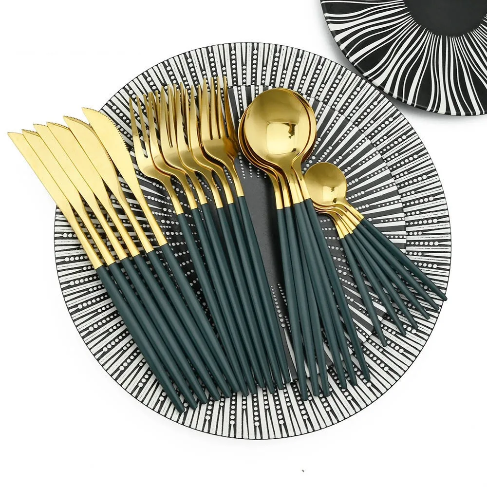 

24Pcs Kitchen Supplies Stainless Steel Green Gold Knife Fork Spoon Dinnerware Set Flatware Set Cutlery Tableware