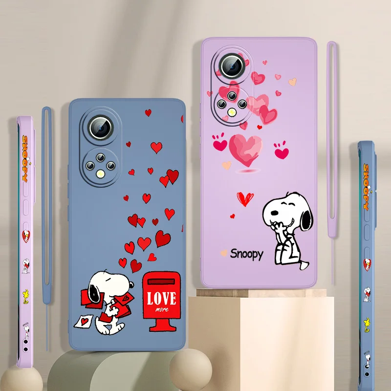 

Cute Snoopy Love Phone Case For Huawei Honor 60 SE 50 30S 20 20E 10X 10i 9X 9C 9S 8A Liquid Left Rope Funda Cover