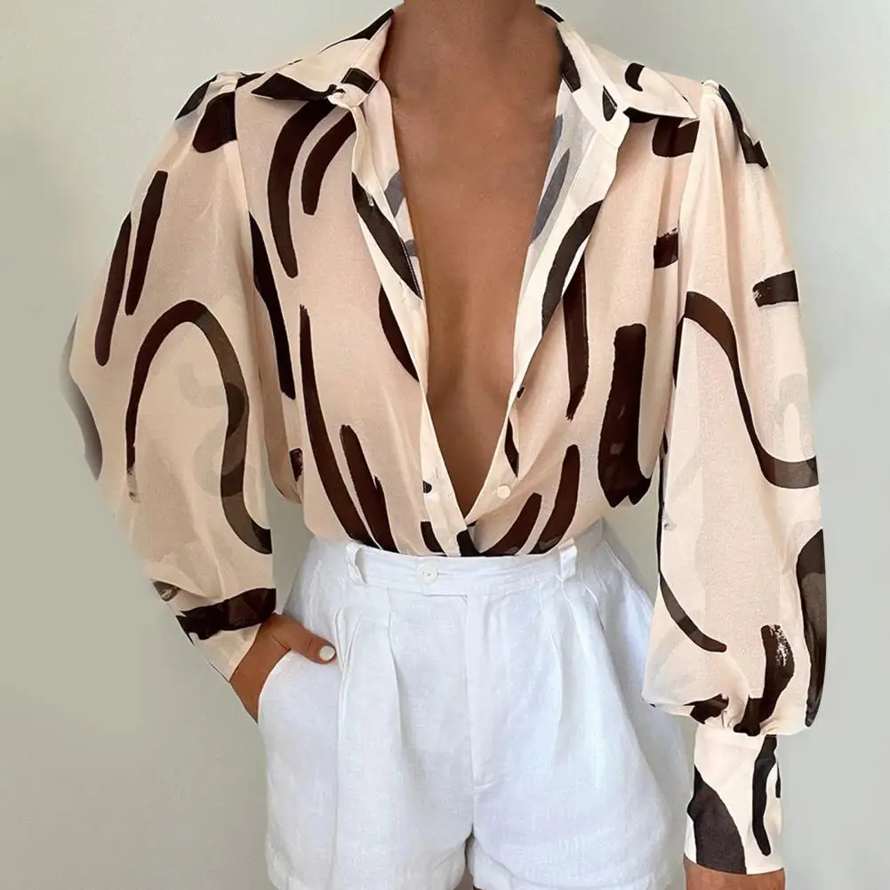 

Shirt Top Trendy Anti-UV Perspective Lantern Sleeve Fashionable Print Vintage Shirt Female Clothes Office Blouse Office Shirt
