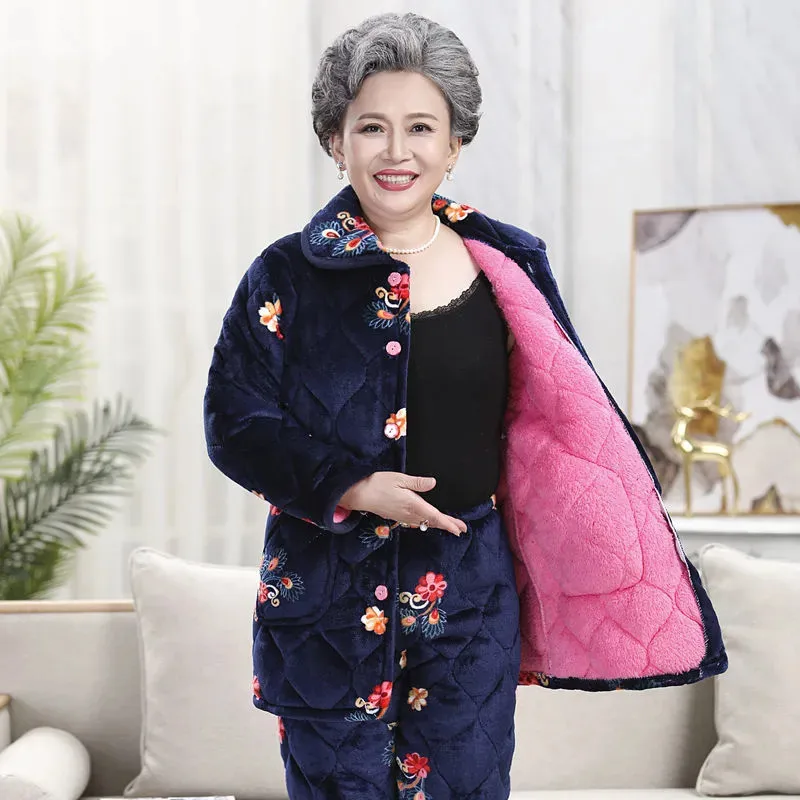 Пижамный костюм для женщин среднего возраста зимний трехслойный плотный теплый