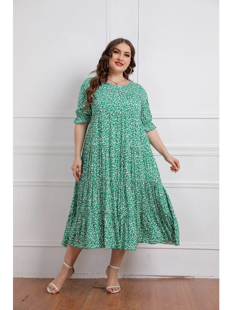 Large Women's Summer New Short Sleeve Cotton Print Loose Dress  long sleeve plus size women clothing plus size dresses