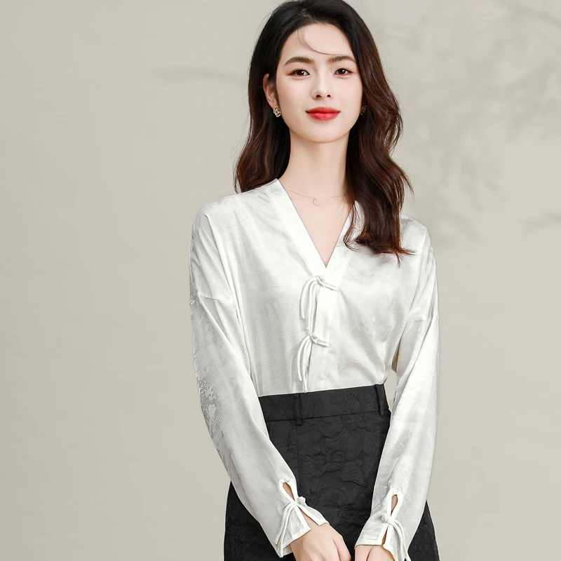 Женская шелковая рубашка в неокитайском стиле белая глянцевая жаккардовая с