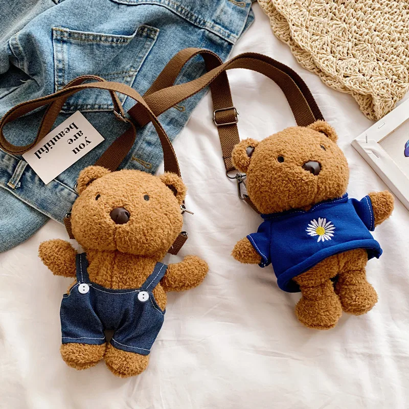 

Kawaii Girls Cute Smile Bear Animal Shoulder Bag Soft Plush Overalls Bear Doll Lolita Handbag Mini Backpack Student Shoulder Bag