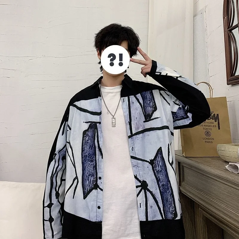 

Цветная контрастная рубашка, тонкие свободные трендовые универсальные Топы с длинным рукавом, повседневная мужская одежда с принтом, пальто оверсайз