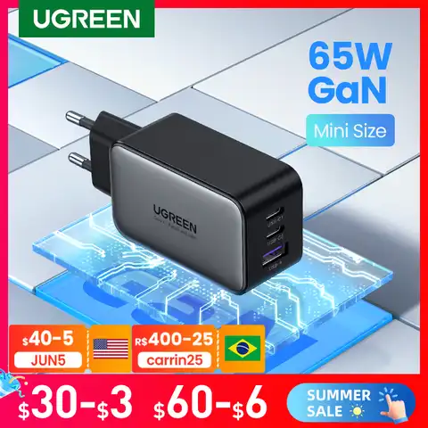 Устройство зарядное сетевое UGREEN с USB-портами и поддержкой быстрой зарядки, 65 Вт