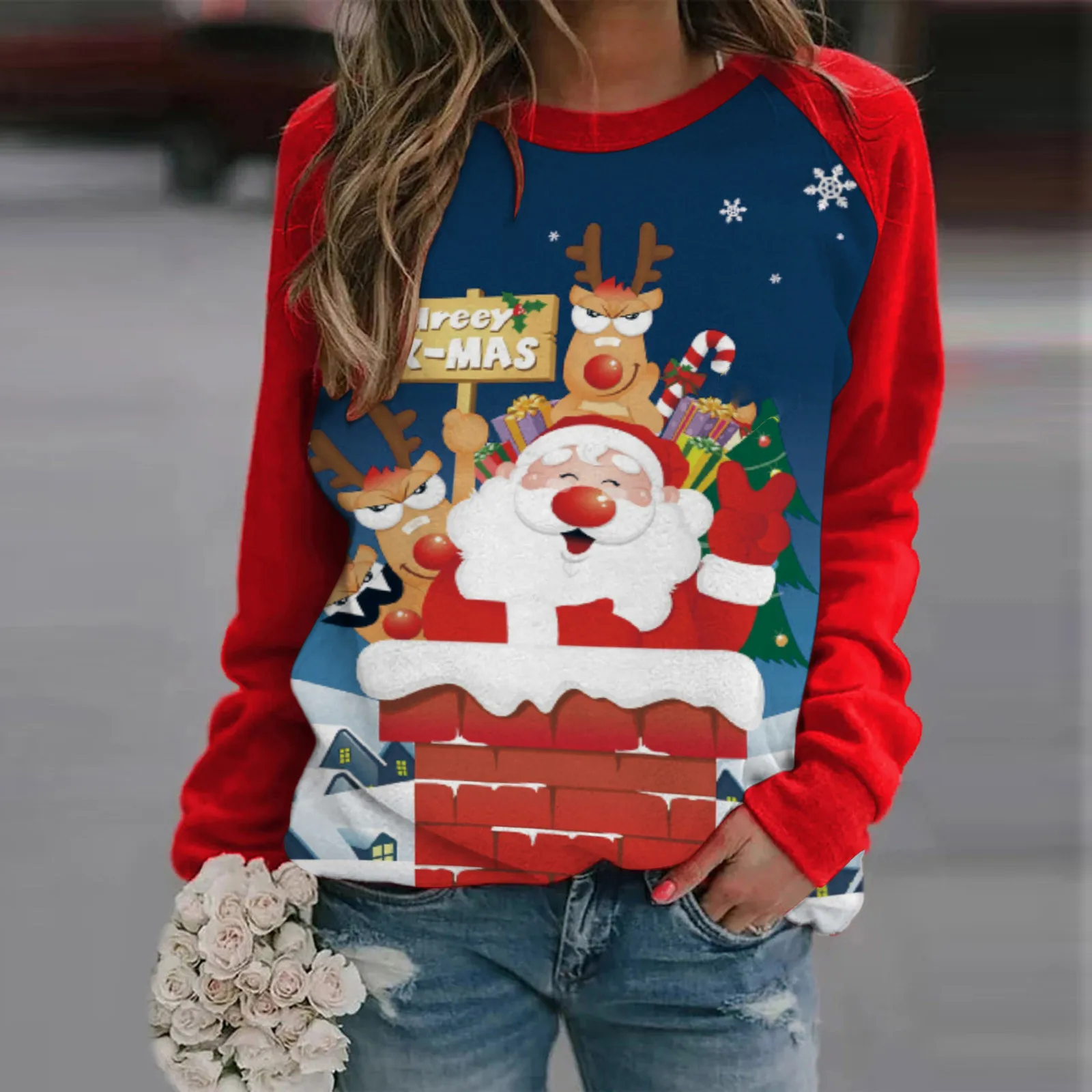

Women's Christmas Print Sweatshirt Long Sleeve O-Neck Stitching Pullover Blouse Hoodies Women 5x