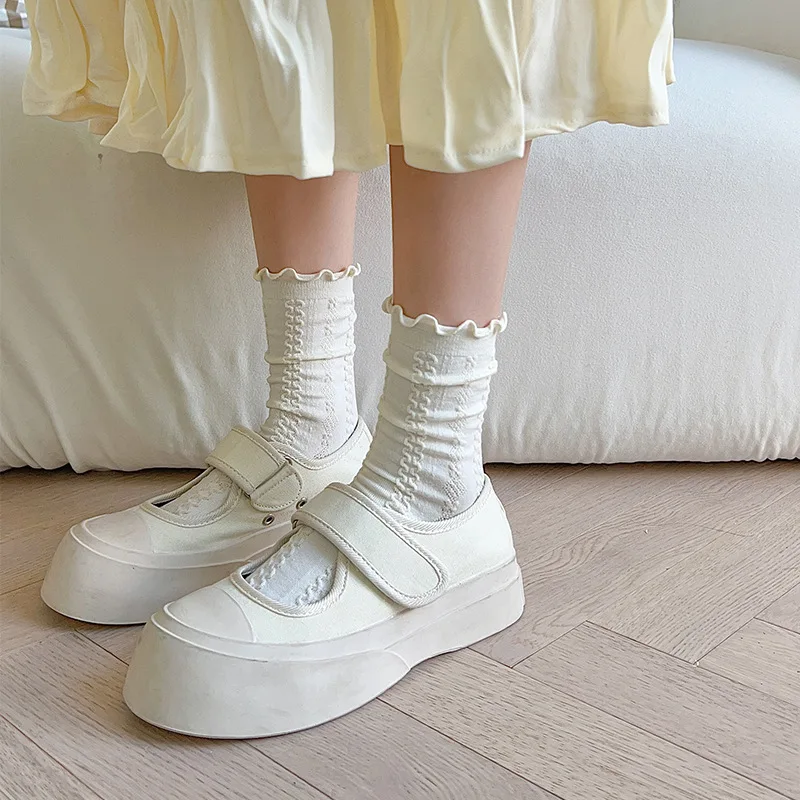 Lolita White Cotton Socks Women Sweet Frilly Fungus Socks Female Jk Lace Long Socks Ankle Calcetines mujer Medias