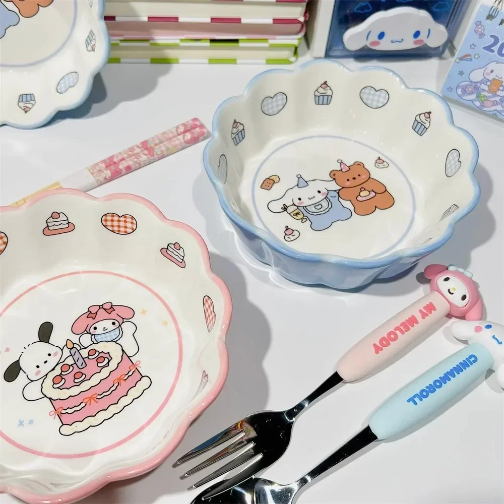 

MyMelody Sanrio Anime Figure Bowl Cute Kawaii Cinnamoroll Pochacco Salad Fruits Tableware Ceramic Friends Home Family Gifts 14cm