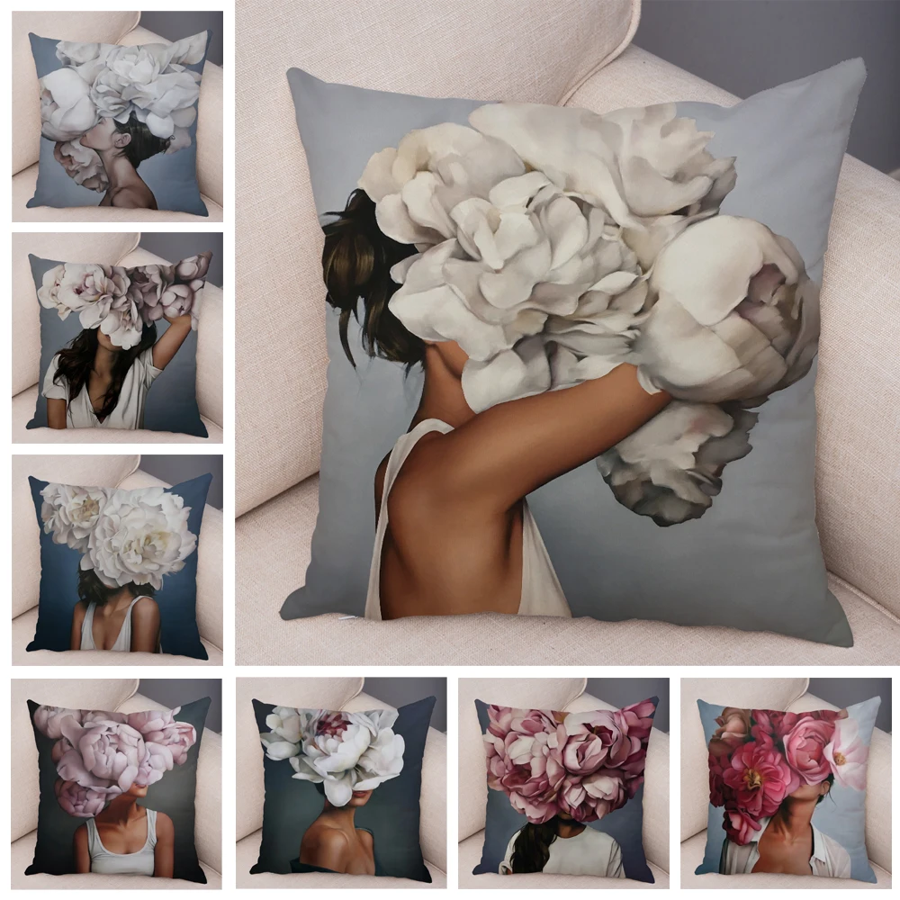 

Sexy Flowers Feather Lady Cushion Cover Decor Harajuku Aesthetics Both Sides Pillowcase for Sofa Home Soft Plush Pillow Case