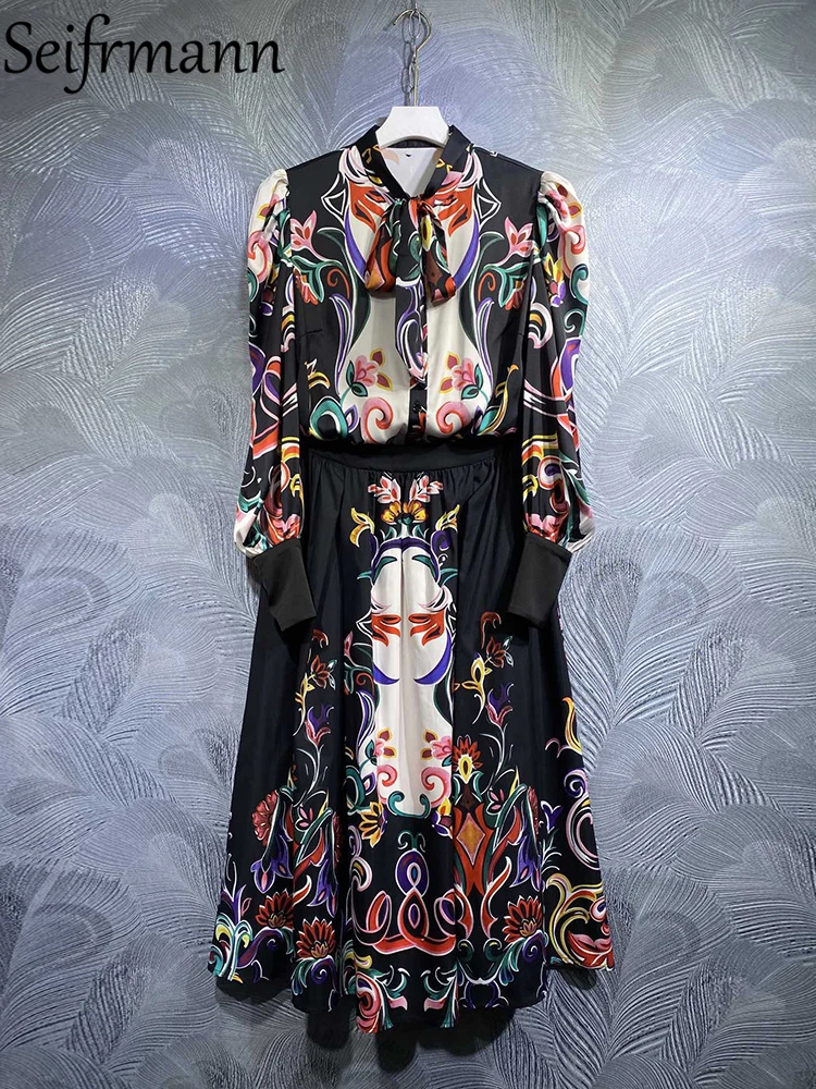 

Seifrmann High Quality Autumn Women Fashion Designer Skirts Sets Lantern Sleeve Blouses + High Waist Print A-Line Skirts Suits