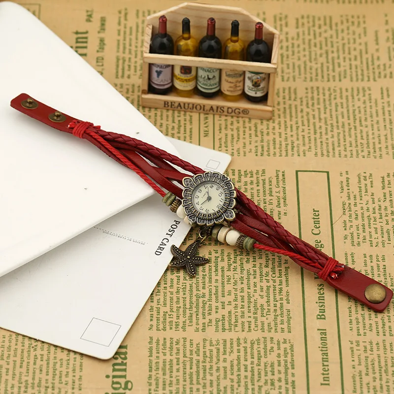 New Women Vintage Genuine Leather Strap Watches Alloy Starfish Bracelet Women Dress Watch Punk Style Women Quartz Wristwatch