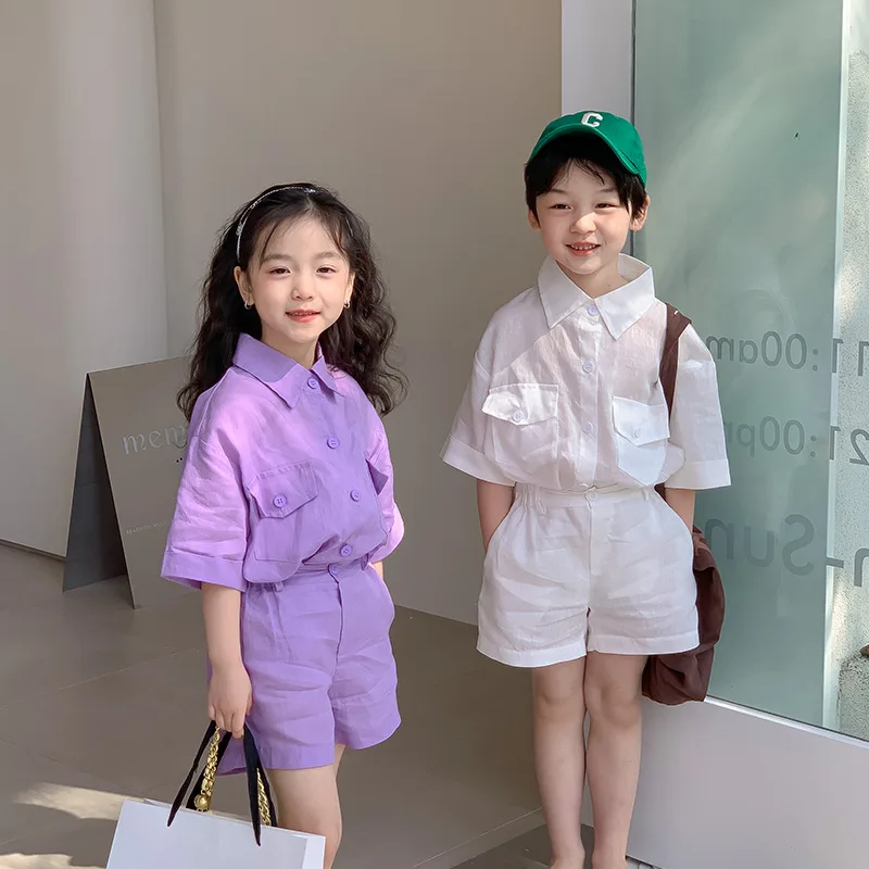 

2022 New summer Kids 3 colors linen cotton clothes set Boys and girls soft cool short sleeve shirts and shorts 2pcs sets