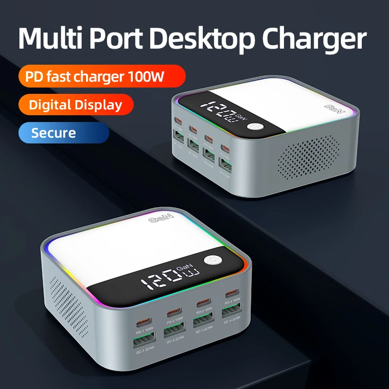 Зарядное устройство GaN USB C 8-портовое настольное зарядное дисплей окружающего