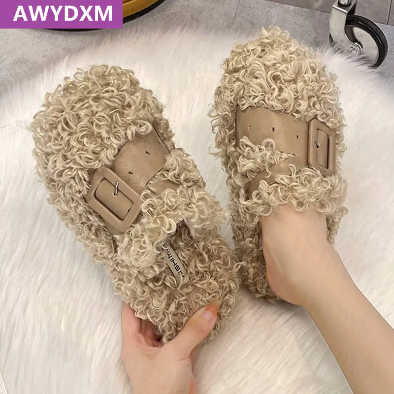 

Женские зимние меховые шлепанцы, толстые дизайнерские мюли с пряжкой, хлопковая обувь, новинка 2022, повседневные женские шлепанцы на платфор...