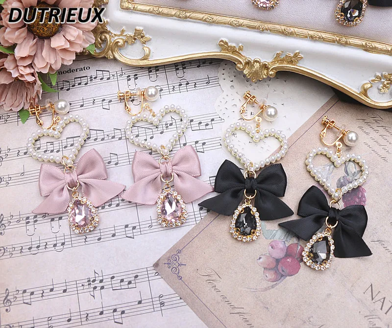 

Japanese Style Earrings Women Sweet Lady Dangle Earrings Bow Water Drop Rhinestone Pendant Heart Pearl Dangle Earrings Jewelry