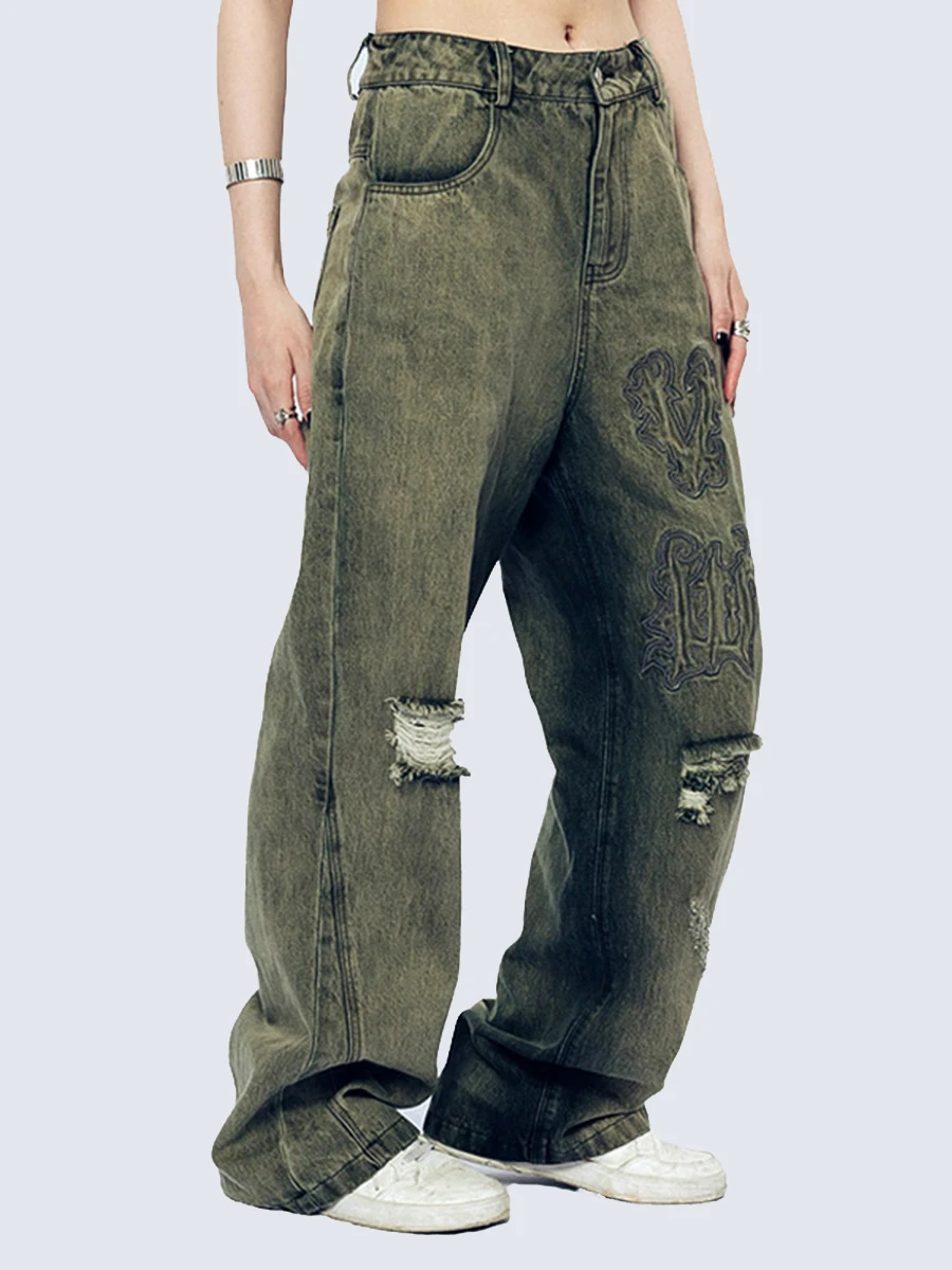 Four Seasons Men's Jeans Tie Dye Ripped Hip Hop Street Letters Embroidery Straight Wide Leg Pants Streetwear Ins Hot Sale JEANS