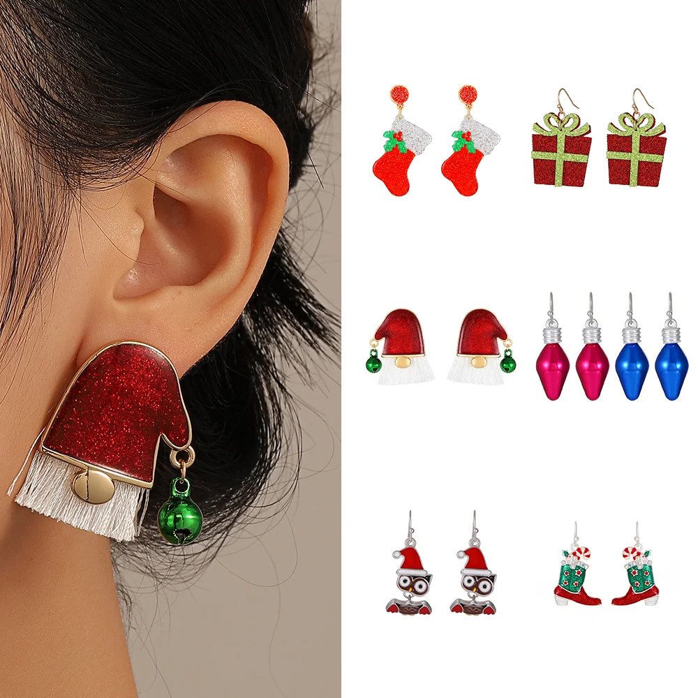 

Christmas Santa Claus gift box earrings interesting unique flower shoes wishing bottle set earrings