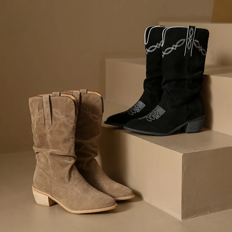 

Классические ковбойские ботинки в западном стиле, новинка зимы 2023, дизайнерские Роскошные элегантные повседневные теплые женские ботинки челси с острым носком