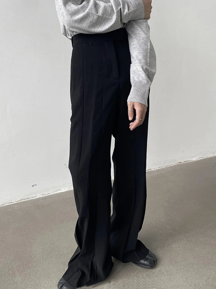 

Retro Vintage Black High Waist Wide Leg Trouser 2022 Zipper design pleated Office Ladies Trouser