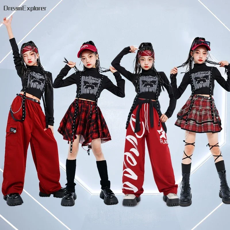 Hip Hop Girls Fashion K-pop Crop Top Street Dance Cargo Pants Kids Streetwear Plaid Skirts Children Jazz Girl Group Clothes Sets