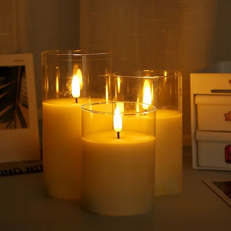 

3-piece glass candle 3D wick led candle flickering battery powered simulated flame candle lamp set brown glass led candle