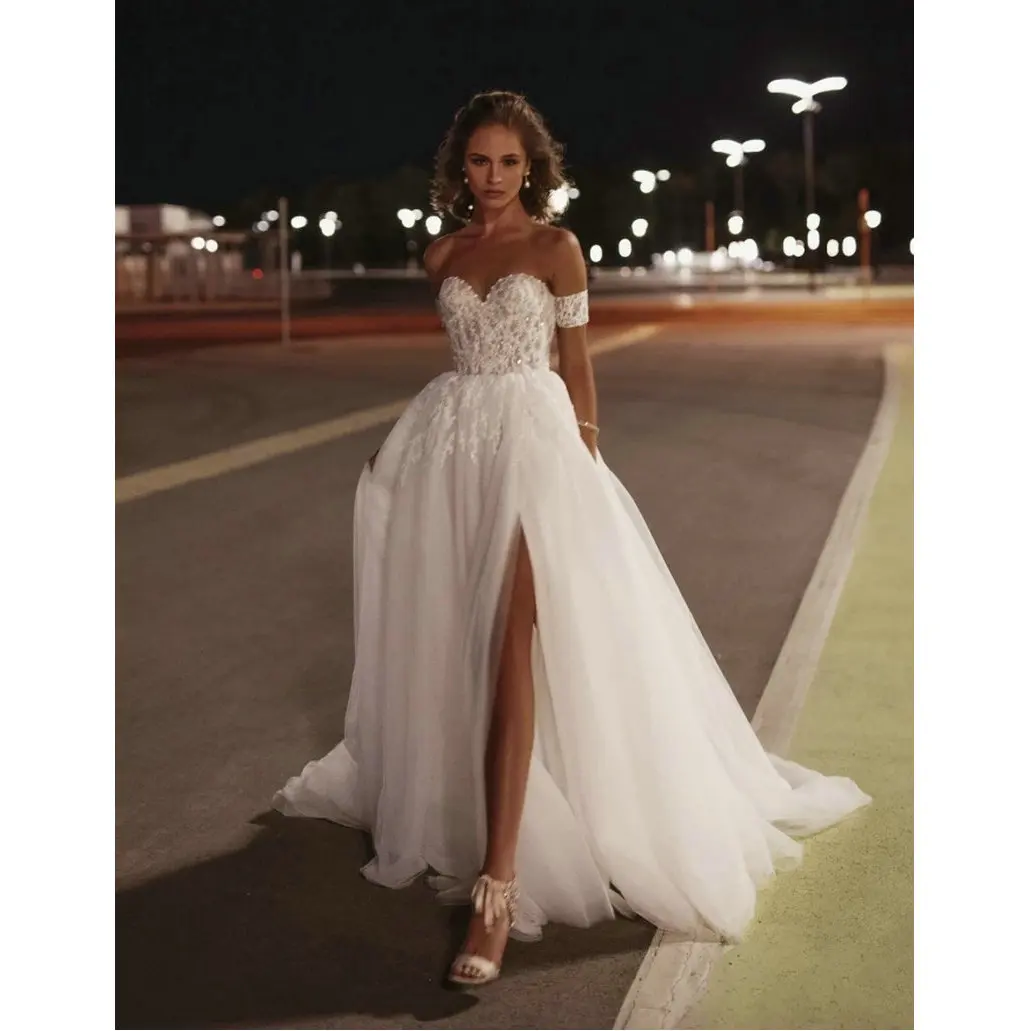 

Off Shoulder Beach Wedding Dress Side Slit High Cut Tulle Bride Dresses Lace Appliques A-Line Sweeth Customize Vestido De Noiva