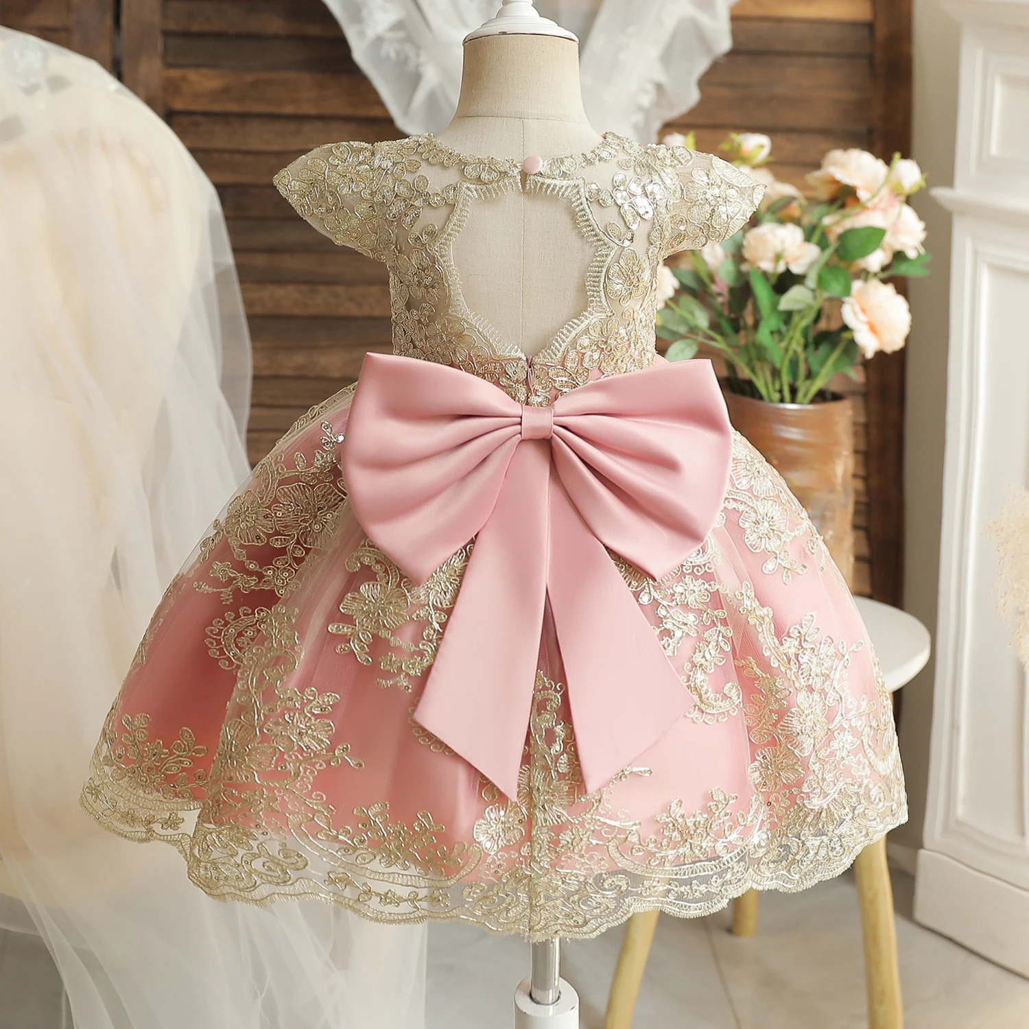 

Bow Lace Princess Dresses for Baby Girls Embroidery Flower Elegant Kids Birthday Wedding Party Tutu Gown Baby Ceremony Costume