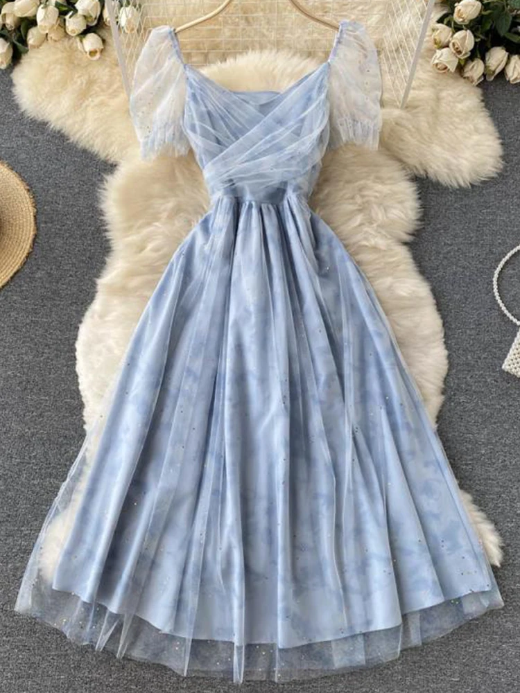 

FTLZZ New Summer Elegant Women Lace Mesh Patchwork Dress Casual Lady Sequined Blue Midi Dress Holiday Beach Fairy Dress