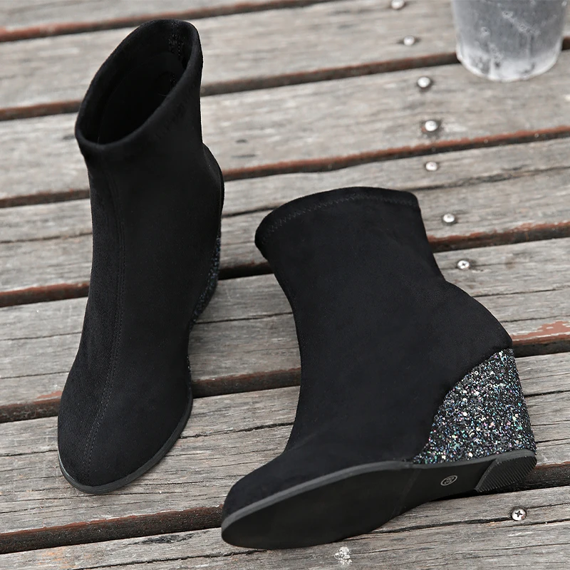 2024 Дизайнерские женские ботильоны на танкетке замшевая обувь каблуке зимние