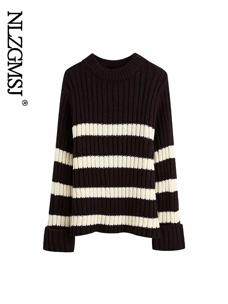 

Женский винтажный полосатый свитер Nlzgmsj 2022 с круглым вырезом, свободный женский простой уличный пуловер, повседневный шикарный топ с длинны...